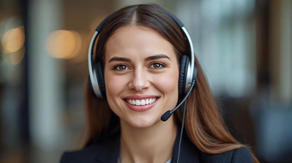 create a contact us photo of a lady wearing headphone. realstic image